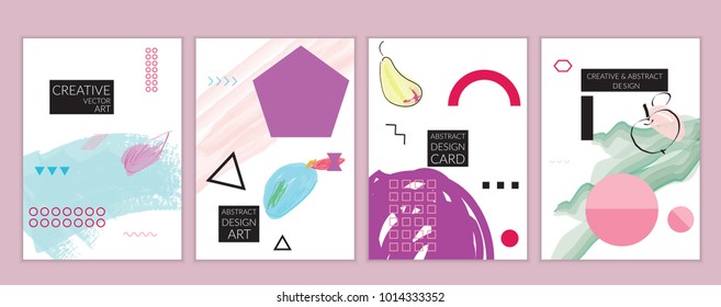 Set of artistic minimal universal card templates in Memphis style with abstract hand drawn doodles. Design for poster, card, invitation. Roughly drawn bright trendy textures. Vector isolated