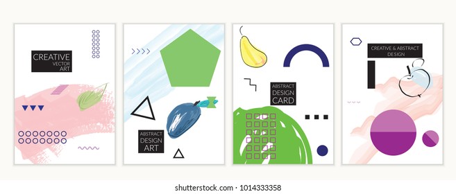 Set of artistic minimal universal card templates in Memphis style with abstract hand drawn doodles. Design for poster, card, invitation. Roughly drawn bright trendy textures. Vector isolated