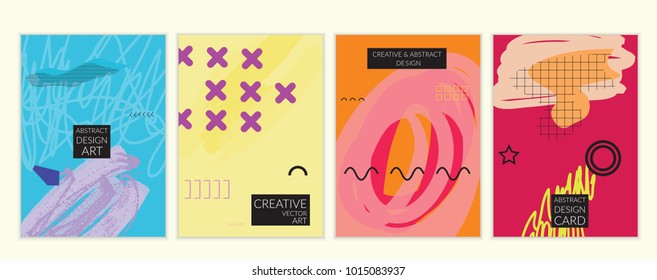 Set of artistic minimal universal card templates in Memphis style with abstract hand drawn doodles. Design for poster, card, invitation. Roughly drawn bright trendy textures. Vector isolated