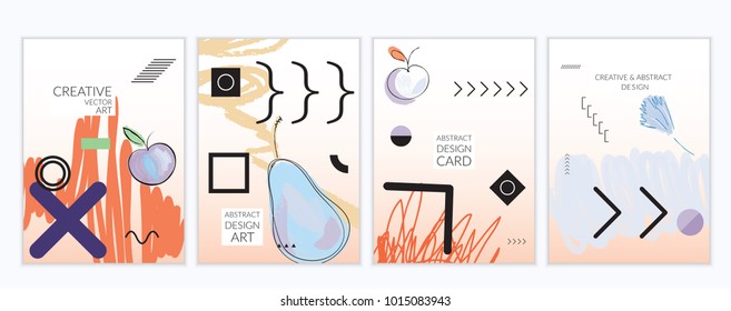 Set of artistic minimal universal card templates in Memphis style with abstract hand drawn doodles. Design for poster, card, invitation. Roughly drawn bright trendy textures. Vector isolated