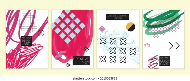 Set of artistic minimal universal card templates in Memphis style with abstract hand drawn doodles. Design for poster, card, invitation. Roughly drawn bright trendy textures. Vector isolated