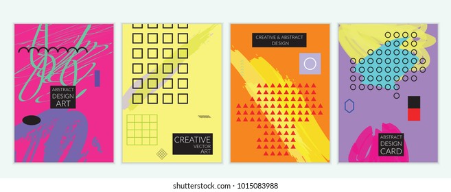 Set of artistic minimal universal card templates in Memphis style with abstract hand drawn doodles. Design for poster, card, invitation. Roughly drawn bright trendy textures. Vector isolated