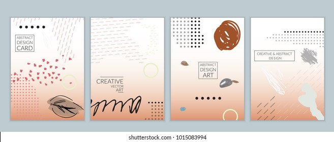 Set of artistic minimal universal card templates in Memphis style with abstract hand drawn doodles. Design for poster, card, invitation. Roughly drawn bright trendy textures. Vector isolated