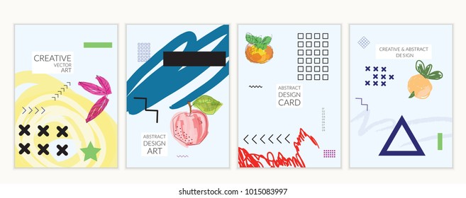 Set of artistic minimal universal card templates in Memphis style with abstract hand drawn doodles. Design for poster, card, invitation. Roughly drawn bright trendy textures. Vector isolated