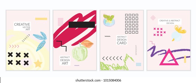 Set of artistic minimal universal card templates in Memphis style with abstract hand drawn doodles. Design for poster, card, invitation. Roughly drawn bright trendy textures. Vector isolated