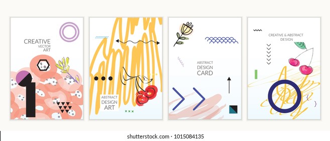 Set of artistic minimal universal card templates with abstract hand drawn doodles. Design for poster, card, invitation. Roughly drawn bright trendy textures. Minimal simple design.Vector isolated