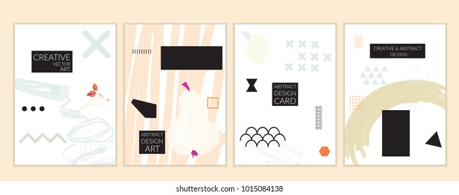 Set of artistic minimal universal card templates with abstract hand drawn doodles. Design for poster, card, invitation. Roughly drawn bright trendy textures. Minimal simple design.Vector isolated