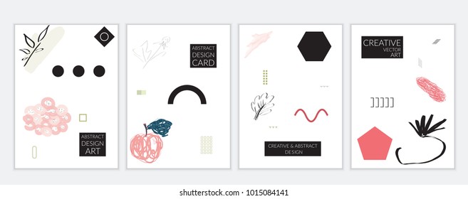 Set of artistic minimal universal card templates with abstract hand drawn doodles. Design for poster, card, invitation. Roughly drawn bright trendy textures. Minimal simple design.Vector isolated