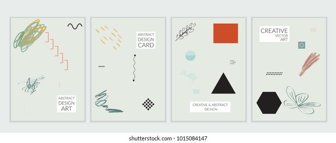 Set of artistic minimal universal card templates with abstract hand drawn doodles. Design for poster, card, invitation. Roughly drawn bright trendy textures. Minimal simple design.Vector isolated