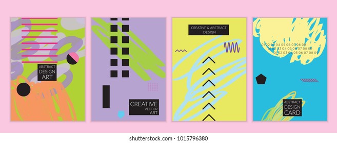 Set of artistic minimal universal card templates in Memphis style with abstract hand drawn doodles. Design for poster, card, invitation. Roughly drawn bright trendy textures. Vector isolated