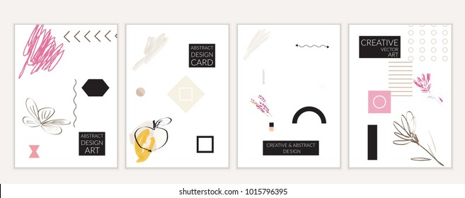 Set of artistic minimal universal card templates in Memphis style with abstract hand drawn doodles. Design for poster, card, invitation. Roughly drawn bright trendy textures. Vector isolated