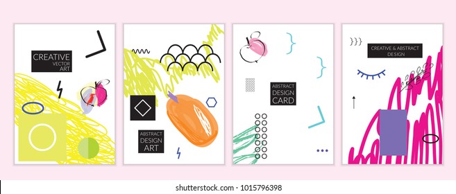 Set of artistic minimal universal card templates in Memphis style with abstract hand drawn doodles. Design for poster, card, invitation. Roughly drawn bright trendy textures. Vector isolated