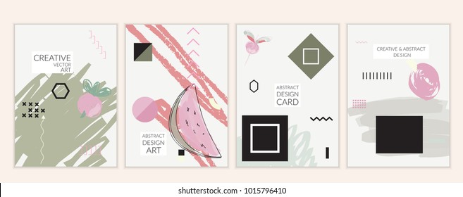 Set of artistic minimal universal card templates in Memphis style with abstract hand drawn doodles. Design for poster, card, invitation. Roughly drawn bright trendy textures. Vector isolated