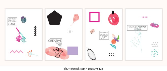 Set of artistic minimal universal card templates in Memphis style with abstract hand drawn doodles on white. Design for poster, card, invitation. Roughly drawn bright trendy textures. Vector isolated