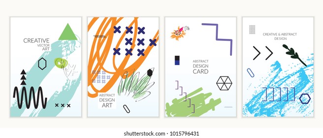 Set of artistic minimal universal card templates in Memphis style with abstract hand drawn doodles. Design for poster, card, invitation. Roughly drawn bright trendy textures. Vector isolated