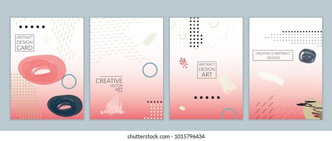 Set of artistic minimal universal card templates in Memphis style with abstract hand drawn doodles. Design for poster, card, invitation. Roughly drawn bright trendy textures. Vector isolated