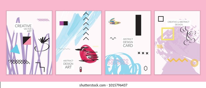 Set of artistic minimal universal card templates in Memphis style with abstract hand drawn doodles. Design for poster, card, invitation. Roughly drawn bright trendy textures. Vector isolated