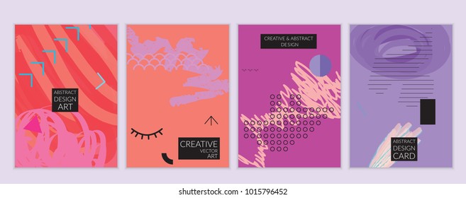 Set of artistic minimal universal card templates in Memphis style with abstract hand drawn doodles. Design for poster, card, invitation. Roughly drawn bright trendy textures. Vector isolated