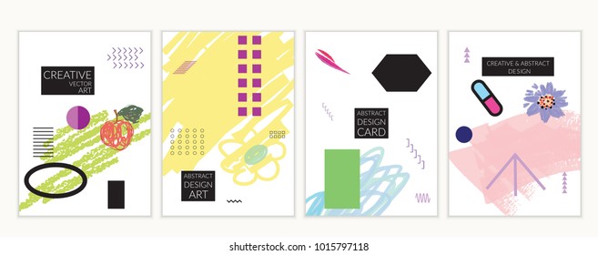 Set of artistic minimal universal card templates in Memphis style with abstract hand drawn doodles. Design for poster, card, invitation. Roughly drawn bright trendy textures. Vector isolated