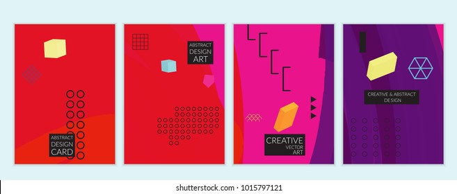 Set of artistic minimal universal card templates in Memphis style with abstract hand drawn doodles. Design for poster, card, invitation. Roughly drawn bright trendy textures. Vector isolated