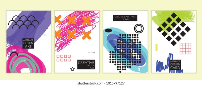 Set of artistic minimal universal card templates in Memphis style with abstract hand drawn doodles. Design for poster, card, invitation. Roughly drawn bright trendy textures. Vector isolated