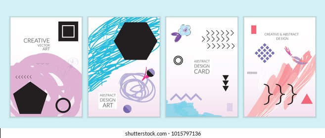Set of artistic minimal universal card templates in Memphis style with abstract hand drawn doodles. Design for poster, card, invitation. Roughly drawn bright trendy textures. Vector isolated
