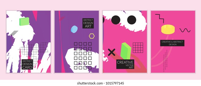 Set of artistic minimal universal card templates in Memphis style with abstract hand drawn doodles. Design for poster, card, invitation. Roughly drawn bright trendy textures. Vector isolated