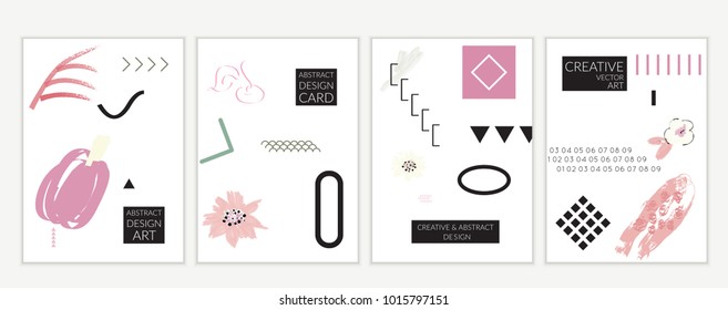 Set of artistic minimal universal card templates in Memphis style with abstract hand drawn doodles. Design for poster, card, invitation. Roughly drawn bright trendy textures. Vector isolated