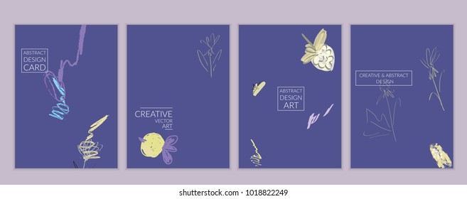 Set of artistic minimal universal card templates with abstract hand drawn doodles. Design for poster, card, invitation. Roughly drawn bright trendy textures. Minimal simple design.Vector isolated