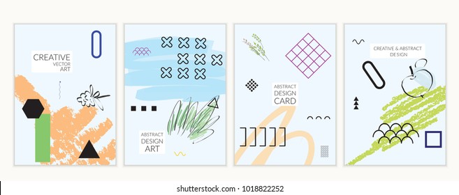 Set of artistic minimal universal card templates in Memphis style with abstract hand drawn doodles. Design for poster, card, invitation. Roughly drawn bright trendy textures. Vector isolated