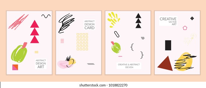 Set of artistic minimal universal card templates in Memphis style with abstract hand drawn doodles. Design for poster, card, invitation. Roughly drawn bright trendy textures. Vector isolated
