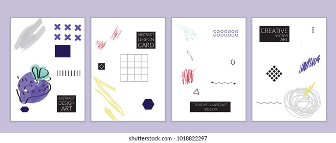 Set of artistic minimal universal card templates in Memphis style with abstract hand drawn doodles. Design for poster, card, invitation. Roughly drawn bright trendy textures. Vector isolated