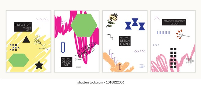 Set of artistic minimal universal card templates in Memphis style with abstract hand drawn doodles. Design for poster, card, invitation. Roughly drawn bright trendy textures. Vector isolated