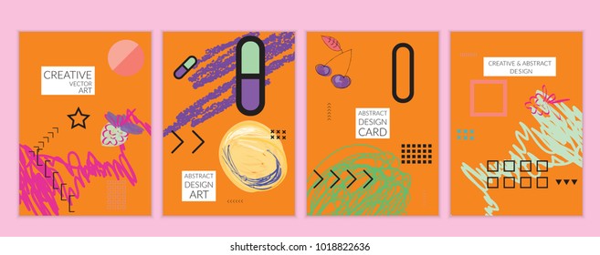 Set of artistic minimal universal card templates in Memphis style with abstract hand drawn doodles. Design for poster, card, invitation. Roughly drawn bright trendy textures. Vector isolated