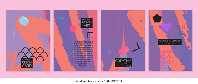 Set of artistic minimal universal card templates in Memphis style with abstract hand drawn doodles. Design for poster, card, invitation. Roughly drawn bright trendy textures. Vector isolated