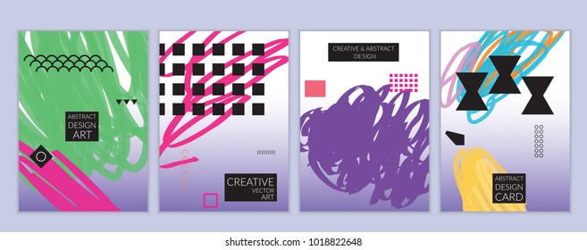 Set of artistic minimal universal card templates in Memphis style with abstract hand drawn doodles. Design for poster, card, invitation. Roughly drawn bright trendy textures. Vector isolated