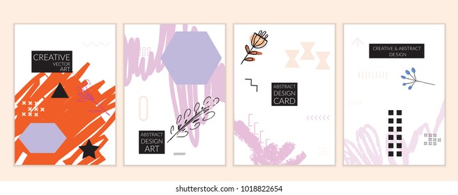 Set of artistic minimal universal card templates in Memphis style with abstract hand drawn doodles. Design for poster, card, invitation. Roughly drawn bright trendy textures. Vector isolated