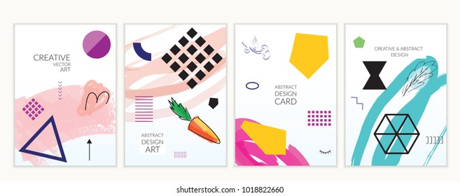 Set of artistic minimal universal card templates in Memphis style with abstract hand drawn doodles. Design for poster, card, invitation. Roughly drawn bright trendy textures. Vector isolated