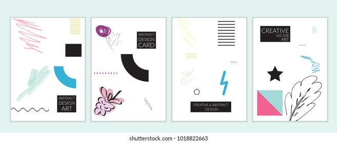 Set of artistic minimal universal card templates in Memphis style with abstract hand drawn doodles. Design for poster, card, invitation. Roughly drawn bright trendy textures. Vector isolated