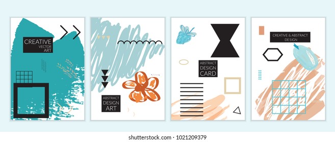 Set of artistic minimal universal card templates in Memphis style with abstract hand drawn doodles. Design for poster, card, invitation. Roughly drawn bright trendy textures. Vector isolated