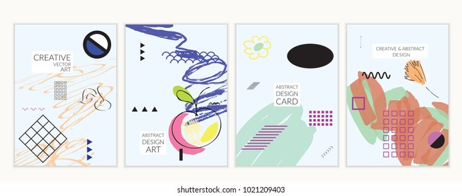 Set of artistic minimal universal card templates in Memphis style with abstract hand drawn doodles. Design for poster, card, invitation. Roughly drawn bright trendy textures. Vector isolated