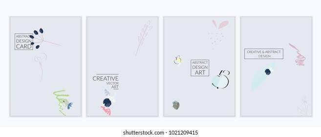 Set of artistic minimal universal card templates with abstract hand drawn doodles. Design for poster, card, invitation. Roughly drawn bright trendy textures. Minimal simple design.Vector isolated