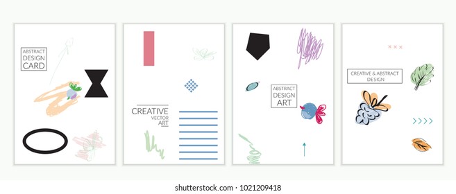 Set of artistic minimal universal card templates in Memphis style with abstract hand drawn doodles on white. Design for poster, card, invitation. Roughly drawn bright trendy textures. Vector isolated