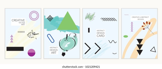 Set of artistic minimal universal card templates in Memphis style with abstract hand drawn doodles. Design for poster, card, invitation. Roughly drawn bright trendy textures. Vector isolated