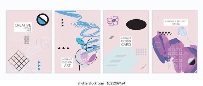 Set of artistic minimal universal card templates in Memphis style with abstract hand drawn doodles. Design for poster, card, invitation. Roughly drawn bright trendy textures. Vector isolated