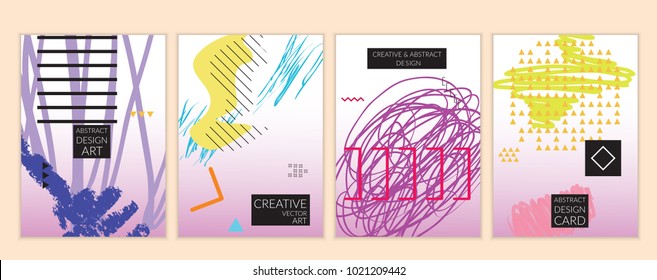 Set of artistic minimal universal card templates in Memphis style with abstract hand drawn doodles. Design for poster, card, invitation. Roughly drawn bright trendy textures. Vector isolated