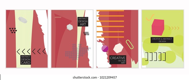 Set of artistic minimal universal card templates in Memphis style with abstract hand drawn doodles. Design for poster, card, invitation. Roughly drawn bright trendy textures. Vector isolated