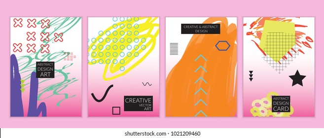 Set of artistic minimal universal card templates in Memphis style with abstract hand drawn doodles. Design for poster, card, invitation. Roughly drawn bright trendy textures. Vector isolated