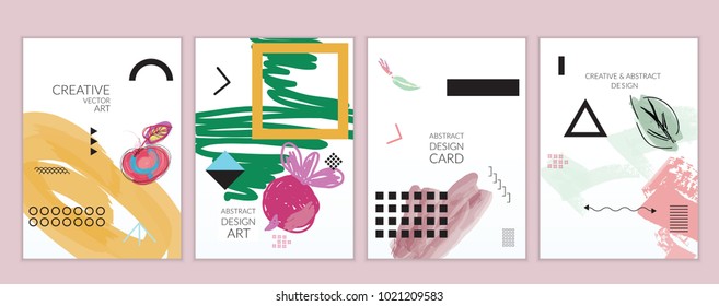 Set of artistic minimal universal card templates with abstract hand drawn doodles. Design for poster, card, invitation. Roughly drawn bright trendy textures. Minimal simple design.Vector isolated