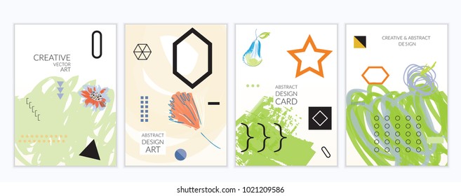 Set of artistic minimal universal card templates with abstract hand drawn doodles. Design for poster, card, invitation. Roughly drawn bright trendy textures. Minimal simple design.Vector isolated